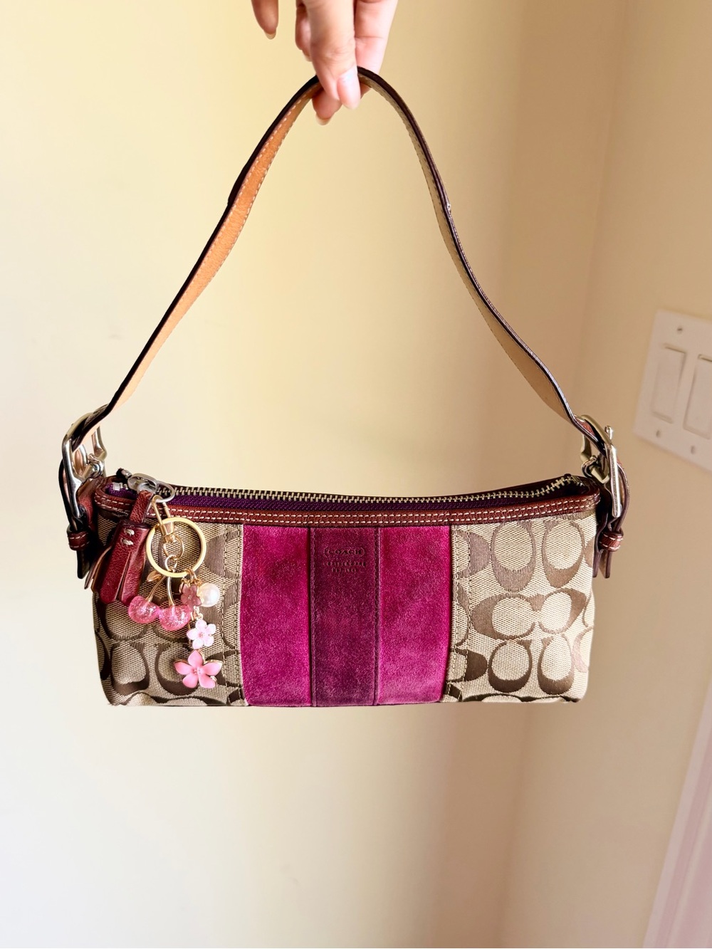 Coach Signature Stripe Demi Baguette shoulder bag pink berry suede